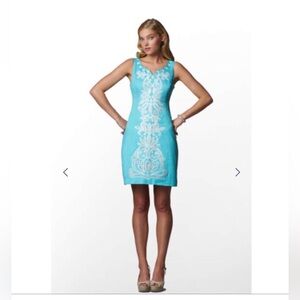 LILLY PULITZER Blue and White “Dolly” Embroidered Sheath Dress